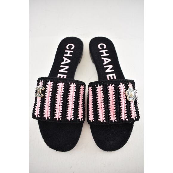 Chanel 24M Black Pink Crochet Stripe Camellia Flower Logo Mule Slide Sandal 39 - Picture 6 of 16